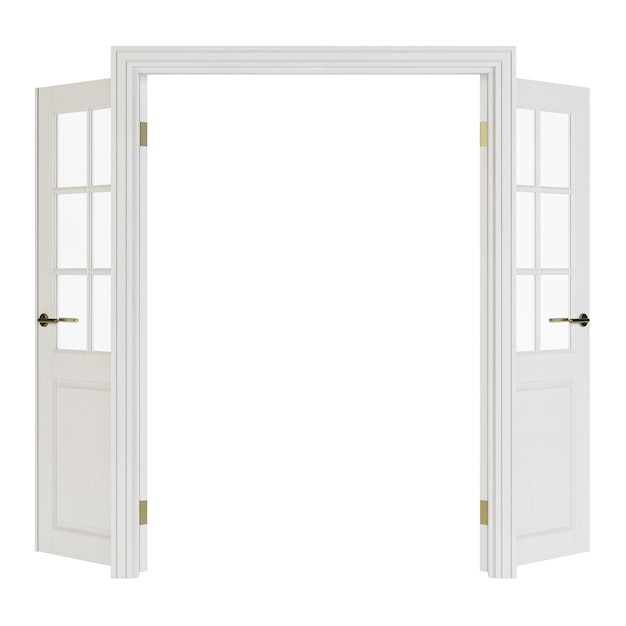 Double-leaf doors with glass. Interior doors isolated on white background. 3D rendering.