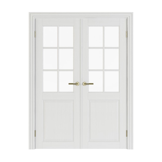 Double-leaf doors with glass. Interior doors isolated on white background. 3D rendering.