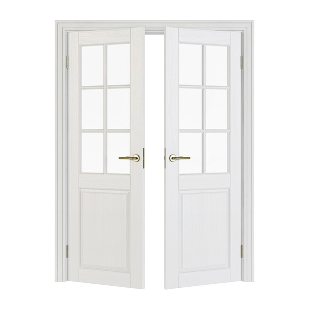 Double-leaf doors with glass. Interior doors isolated on white background. 3D rendering.