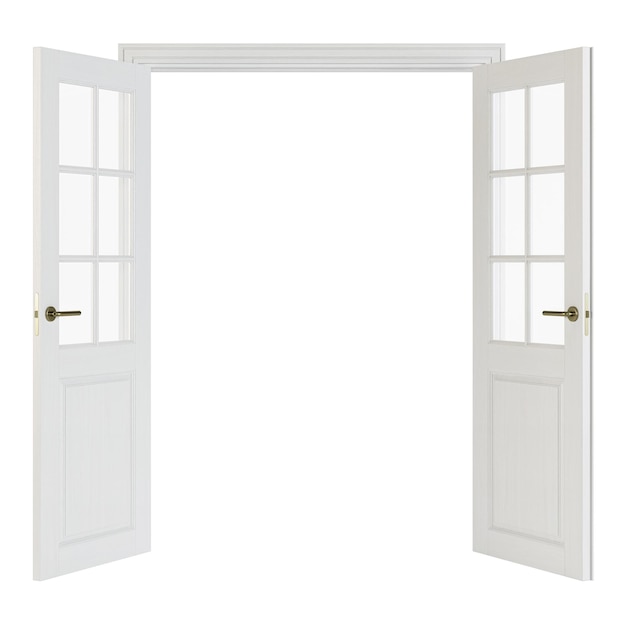 Porte a due ante con vetro. porte interne isolate su fondo bianco. rappresentazione 3d.