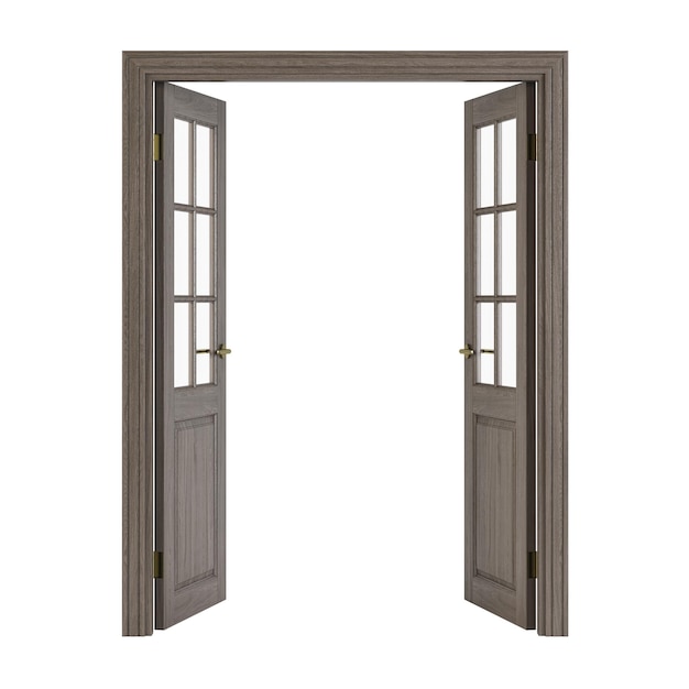ガラスの二重葉ドア。白い背景で隔離の内部ドア。 3Dレンダリング。
