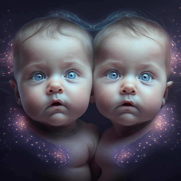Double the love of twin baby surprised at neon sparkles Ai Generated