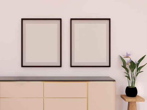 Photo double photo frame mockup in living room white wall and plant 3d rendering