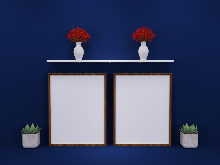 Double photo frame mockup with flowers and plants in dark blue background 3D rendering