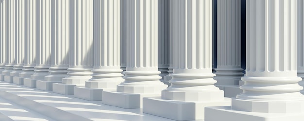 Photo double row of white marble pillar and stair in row down part column shadow on step banner 3d render