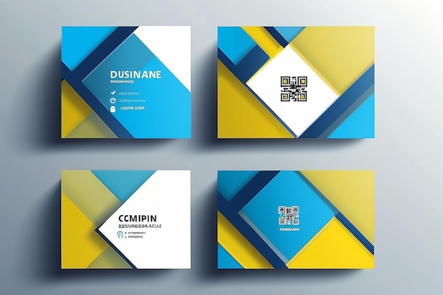 Photo double sided business card template with intersecting yellow blue transparent rectangles