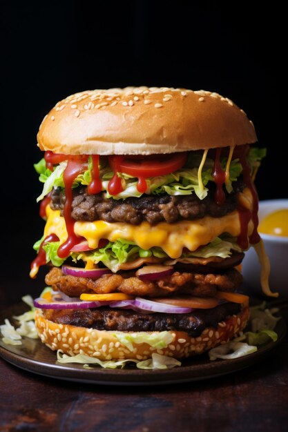 Double tasty fresh beef burger or hamburger with vegetables melted cheese on black background