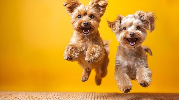 Фото Удвоить симпатию две собаки лоухен, прыгающие на желтом фоне концепция домашних животных фотография лоухен собаки прыгают на жёлтом фоне