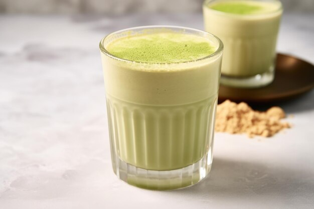 A double walled glass with matcha latte and crushed ice