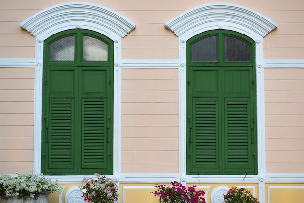 Photo double wooden shutters old vintage style exterior decoration, green windows