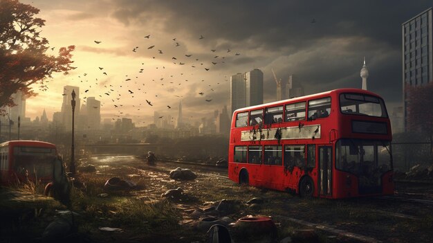 Doubledecker English red bus in a ruined city