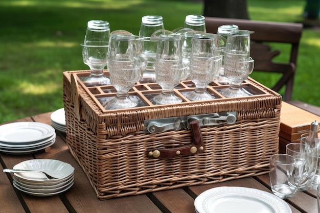 Doubledecker picnic basket with glasses plates and silverware for a formal gathering