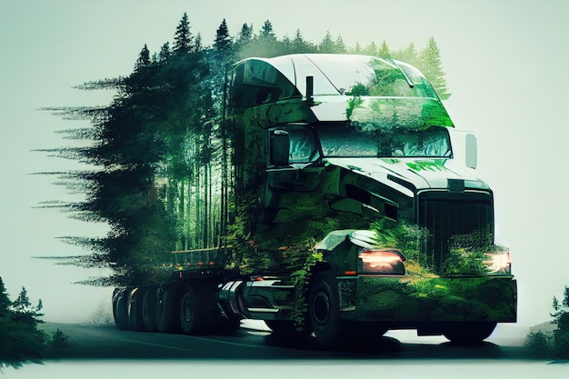 Doubleexposure of cargo truck driving through lush green forest