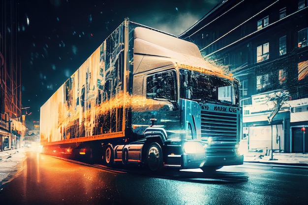 Doubleexposure of cargo truck rolling through busy city street at night