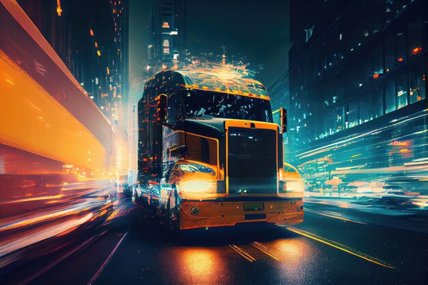 Doubleexposure of cargo truck rolling through busy city street at night