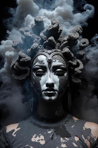 Foto fotografia a doppio mascheramento di una dea arrabbiata formata dal fumo di un dodge ram slt cummins del 2005 p