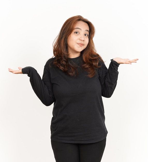 Doubt Confused Gesture Of Beautiful Asian Woman Wearing Black Shirt Isolated On White Background