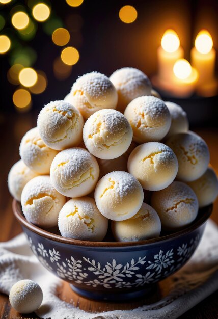 Foto le palle di pasta spruzzate di zucchero in polvere annidate in una ciotola a puntini irradiano accoglienti vibrazioni festive