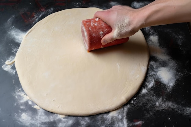 Dough being rolled out into thin circular shape for pizza created with generative ai