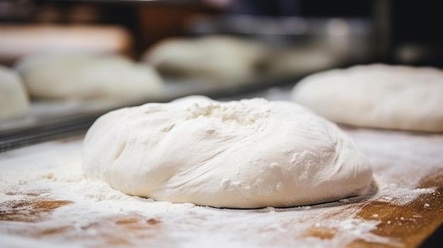 a dough is being prepared in a bakery that has flour on it