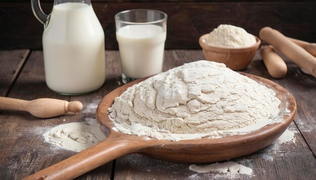 Dough made from fresh milk flour On a wooden table