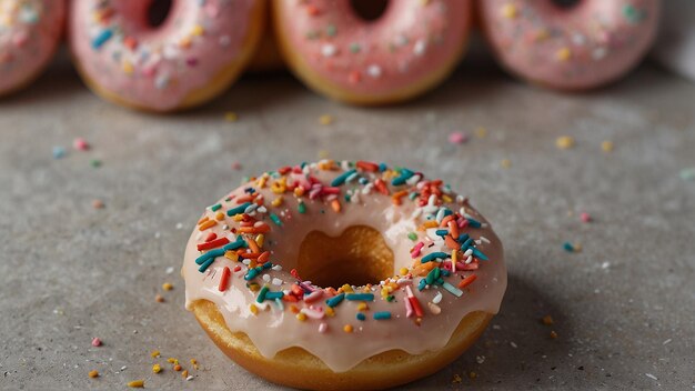 Photo a doughnut with pink icing and purple sprinkles on it