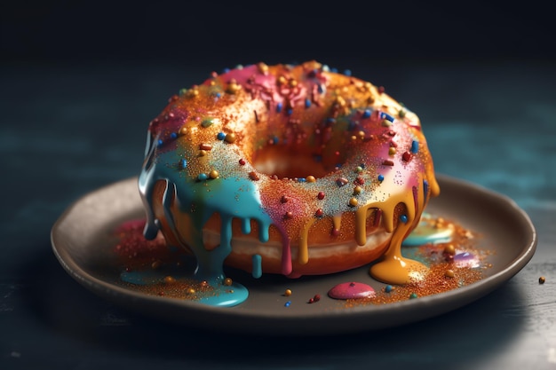 A doughnut with rainbow icing on it