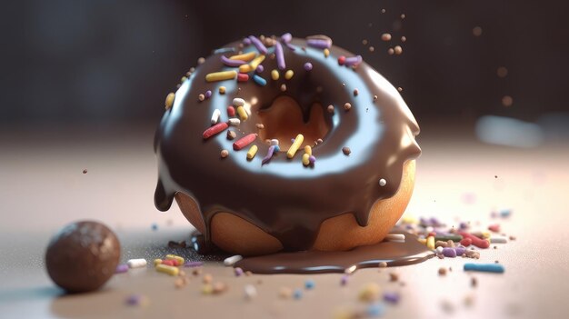 A doughnut with sprinkles on it and a chocolate glaze on the top.