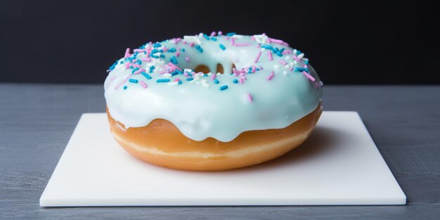 A doughnut with white frosting and blue sprinkles on a table.