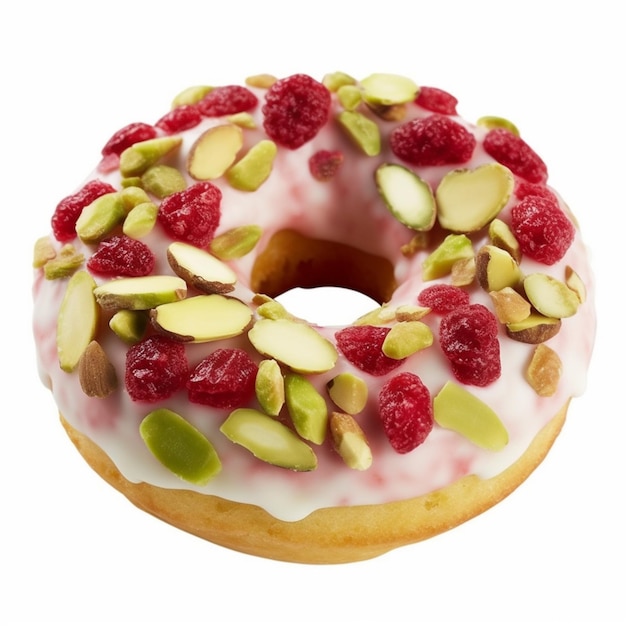 A doughnut with white icing and berries on it