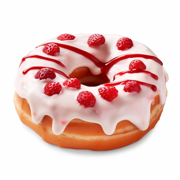A doughnut with white icing and raspberries on top