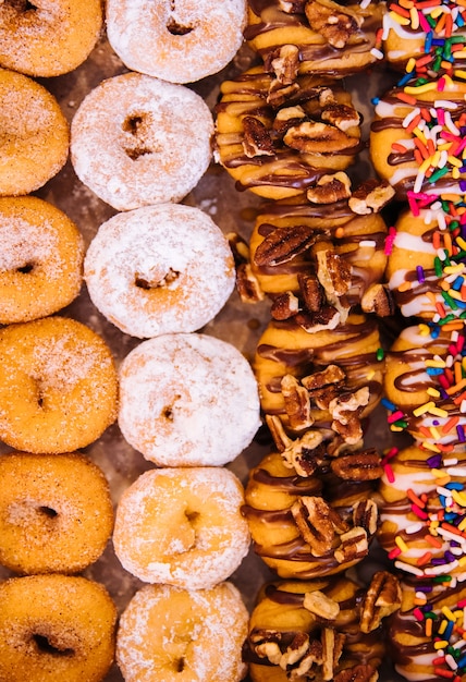 Doughnuts background, top view