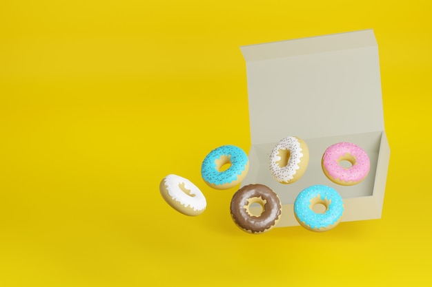 Doughnuts coming out of a box on a yellow surface