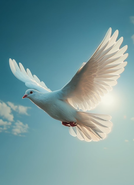 Dove in the air with wings wide open infront of the sun