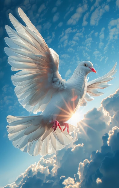 Dove in the air with wings wide open infront of the sun
