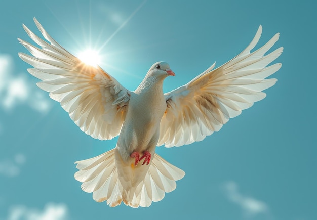 Dove in the air with wings wide open infront of the sun