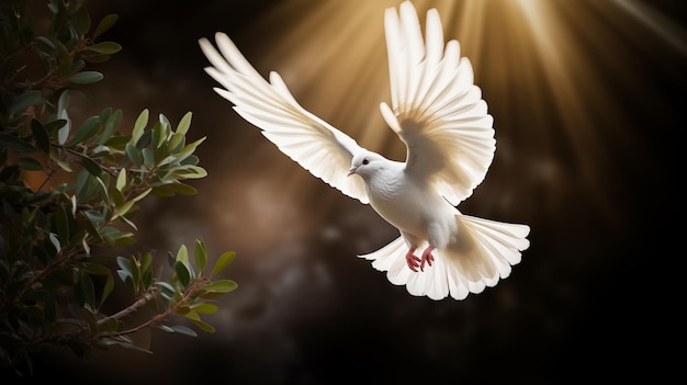 Dove descending olive branch symbolizing empowerment and peace AI Generated