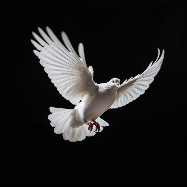 a dove flying in the air with its wings spread out