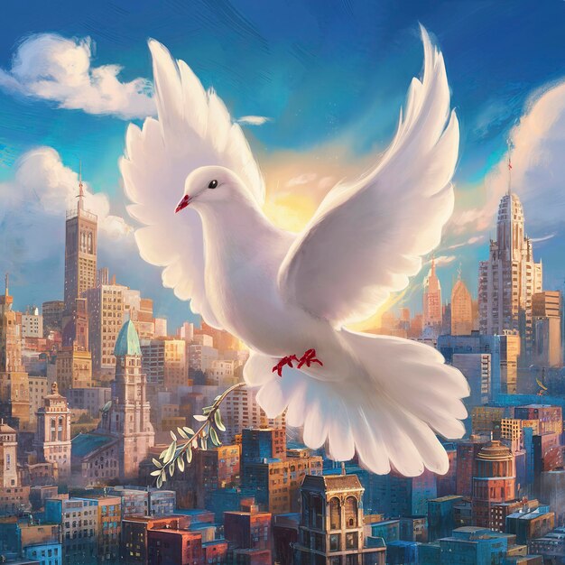 dove flying in city background