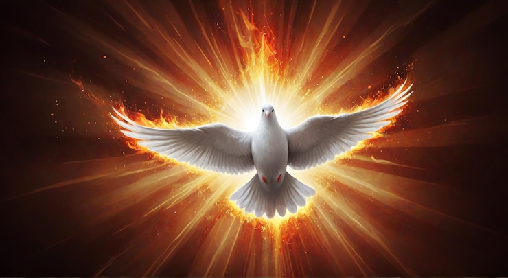 Photo a dove flying in front of a burning flame