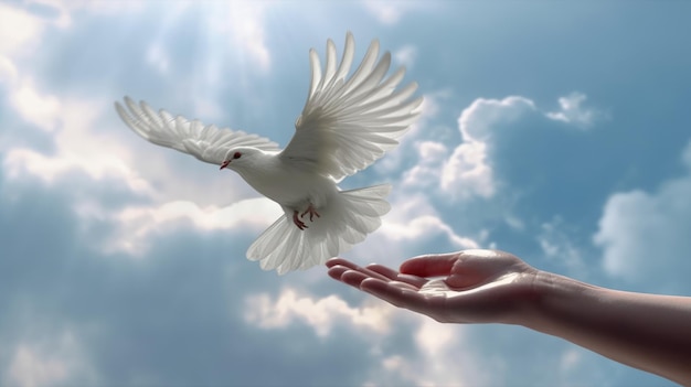 A dove flying into the sky with the word peace on it