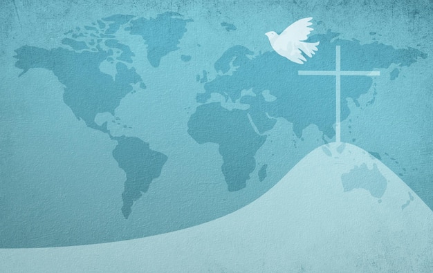 Dove flying over religious cross international peace day faith freedom charity humanitarian aid