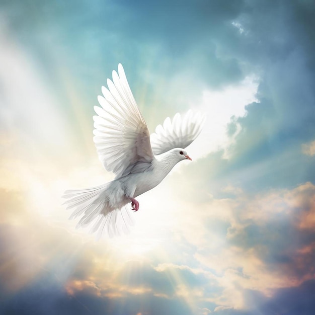 a dove flying in the sky with the sun behind it