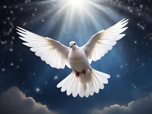 a dove flying in the sky with the sun behind it