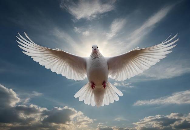 A dove flying in the sun during the day