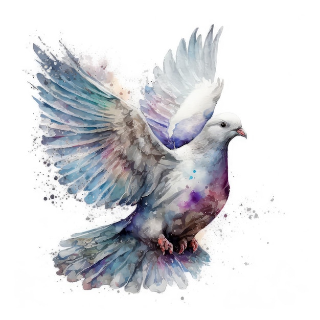 Dove flying with open wings watercolor painting style Generative AI