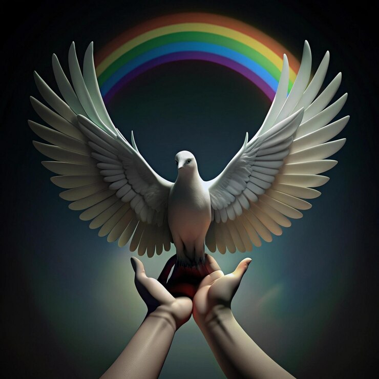 Photo a dove is being held in front of a rainbow