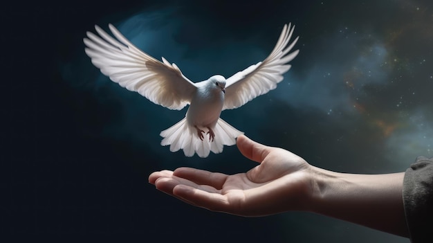 비둘기가 손 위로 날고 있고 그 위에 평화라는 단어가 있습니다.