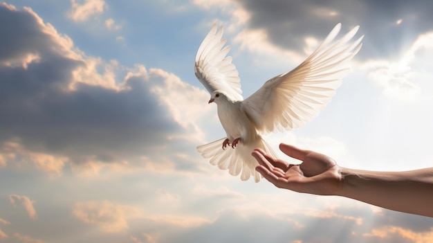 A dove is held in the air with the sky in the background