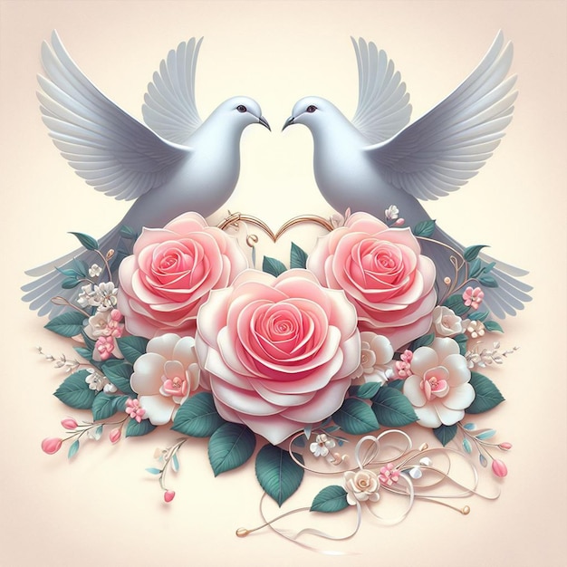 Розовые кольца голубей и элементы свадьбы сердца для дизайна шаблонов для социальных сетей